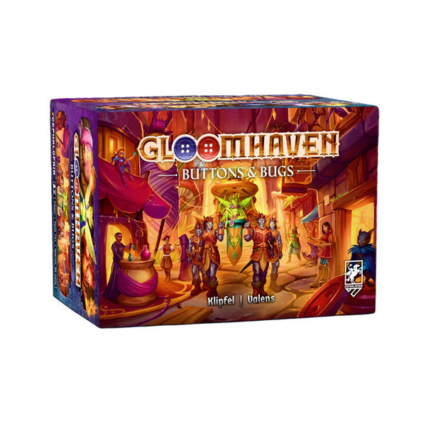 Board game box for 'Gloomhaven: Buttons & Bugs' on a white background