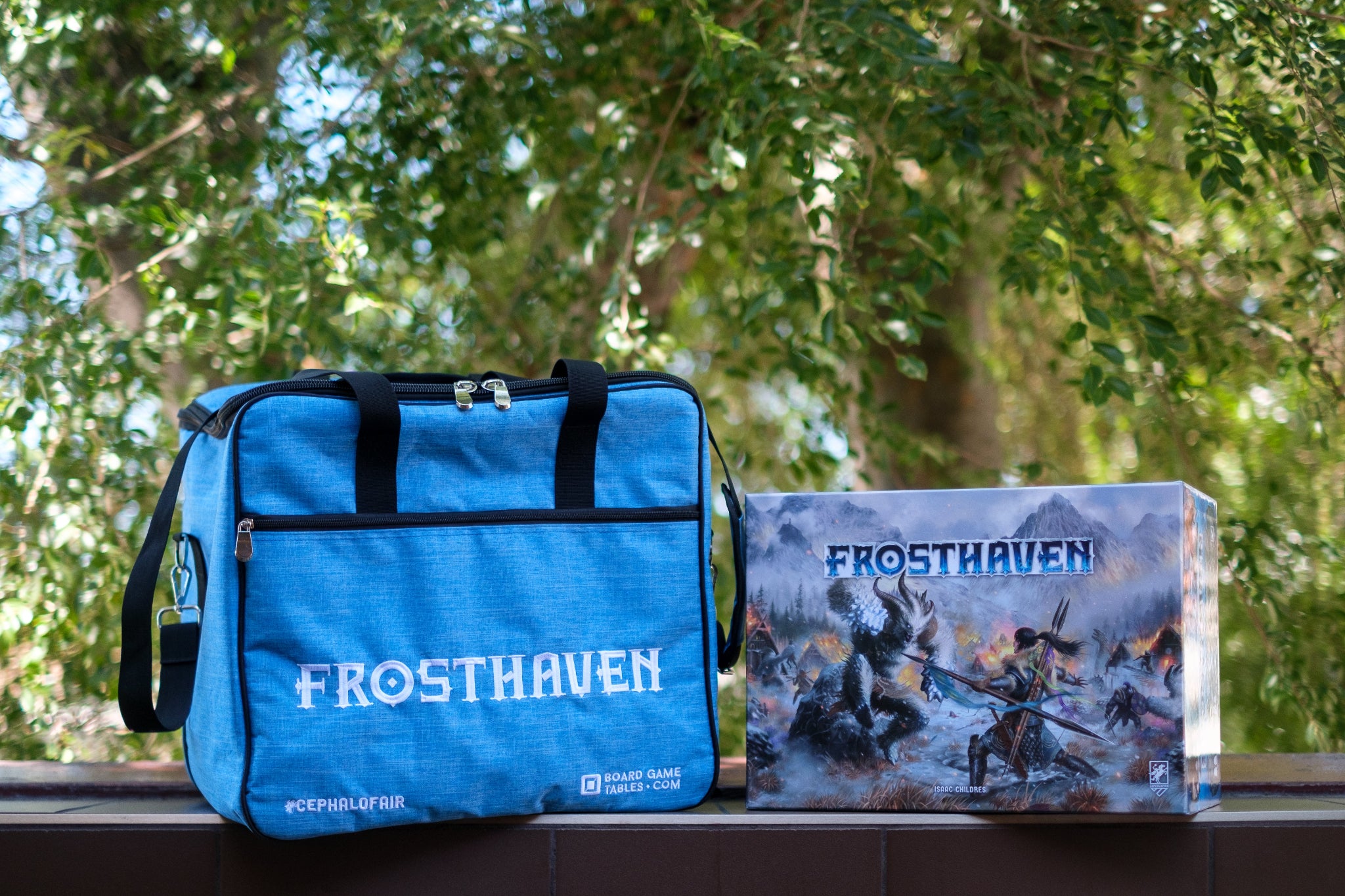 A blue premium game bag with the text 'FROSTHAVEN' on it, placed next to its packaging box with the game's name and an illustration of a frozen landscape.